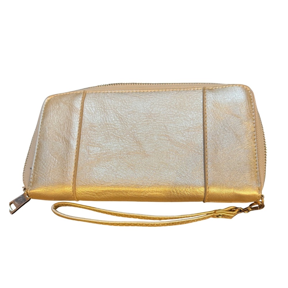 Madison West Gold Metallic Wristlet Wallet Zip Around Clutch Organizer Holiday